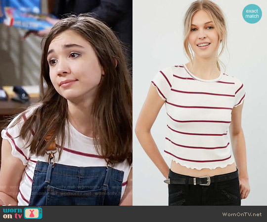 WornOnTV: Riley’s striped tee and denim overalls with leather straps on ...