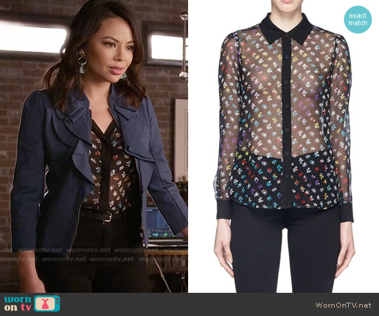 WornOnTV: Mona’s blue ruffled jacket and black printed blouse on Pretty ...