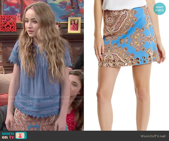 Wornontv Mayas Blue Crochet Trim Top And Paisley Print Skirt On Girl