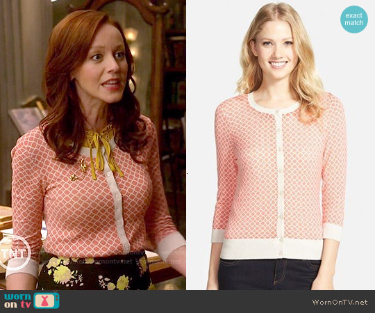 Wornontv Cassandra’s Black And Yellow Floral Skirt And Coral Printed Cardigan On The Librarians