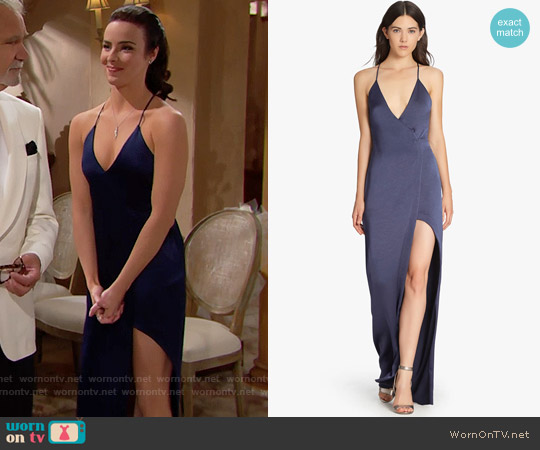 Wornontv Ivy S Blue Satin Gown With Split On The Bold And Halston Heritage Satin Slip Gown Worn By Ashleigh Brewer On The Bold Beautiful