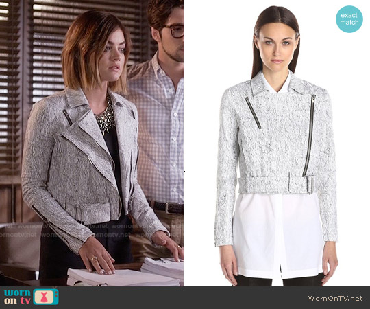 WornOnTV: Aria’s black romper and white textured print jacket on Pretty ...