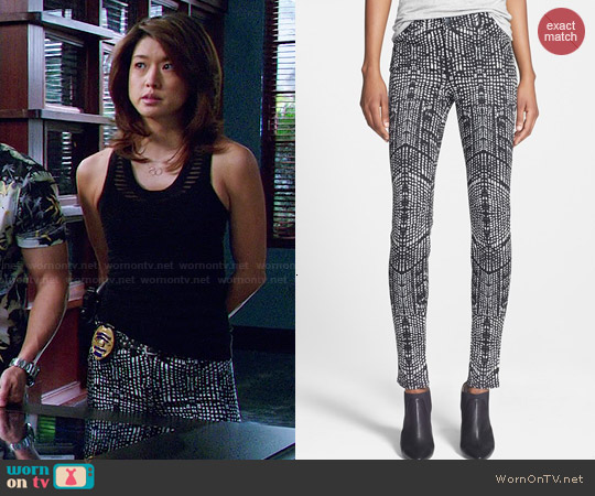 WornOnTV: Kono’s black and white printed jeans and striped tank top on