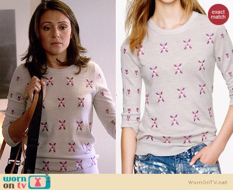 Wornontv April S Grey Sweater With Pink And Purple Embroidered J Crew Merino Tippi Sweater In Embroidered Flowers Worn By Italia Ricci On Chasing Life