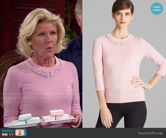 WornOnTV: Pam’s pink beaded collar sweater and printed skirt on The