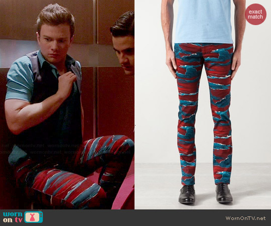 Wornontv Kurts Grey Suede Military Style Jacket And Blue And Red Printed Jeans On Glee Chris