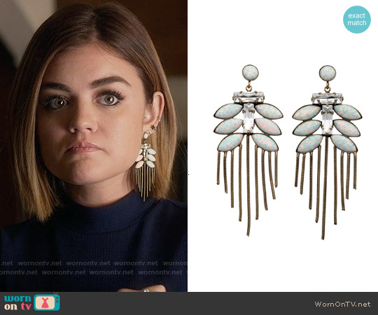 Wornontv Aria S Navy Mock Neck Top And Fl Pencil Skirt On Lionette Ny Tahiti Earrings Worn By Aria Montgomery On Pll