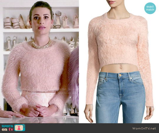 pink fuzzy sweater outfit