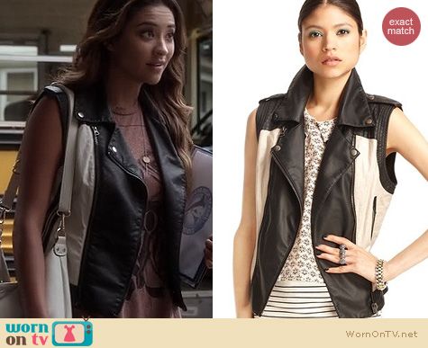 Wornontv Emily S Black And White Leather Moto Vest Rose Pll Fashion Bar Iii Faux Leather Motorcycle Vest Worn By Shay Mitchell