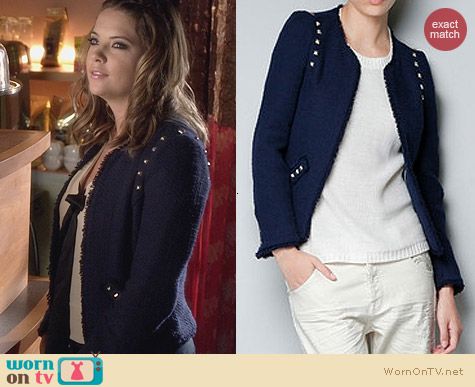 Wornontv Hanna S Studded Tweed Jacket On Pretty Little Liars Ashley Benson Clothes And Wardrobe From Tv