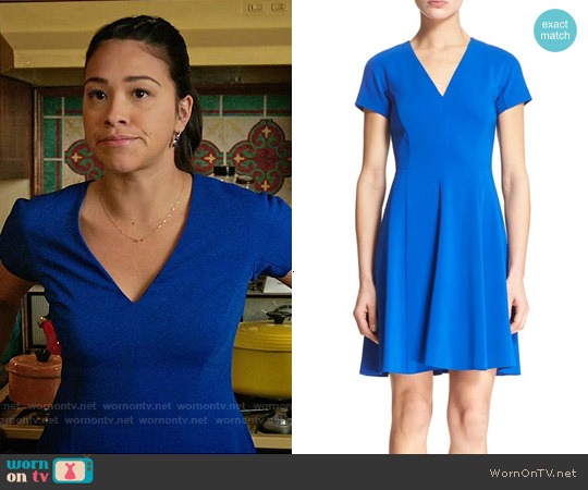 Wornontv Jane S Blue V Neck Dress On The Virgin Gina Rebecca Taylor Short Sleeve Fit And Flare Dress Worn By Gina Rodriguez On Jane The Virgin
