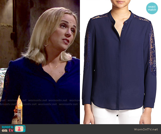 WornOnTV: Sage’s navy blue lace-sleeve blouse on The Young and the ...