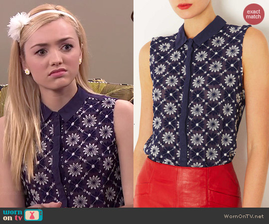 Wornontv Emmas Navy Blue Floral Sleeveless Collared Top On Jessie 